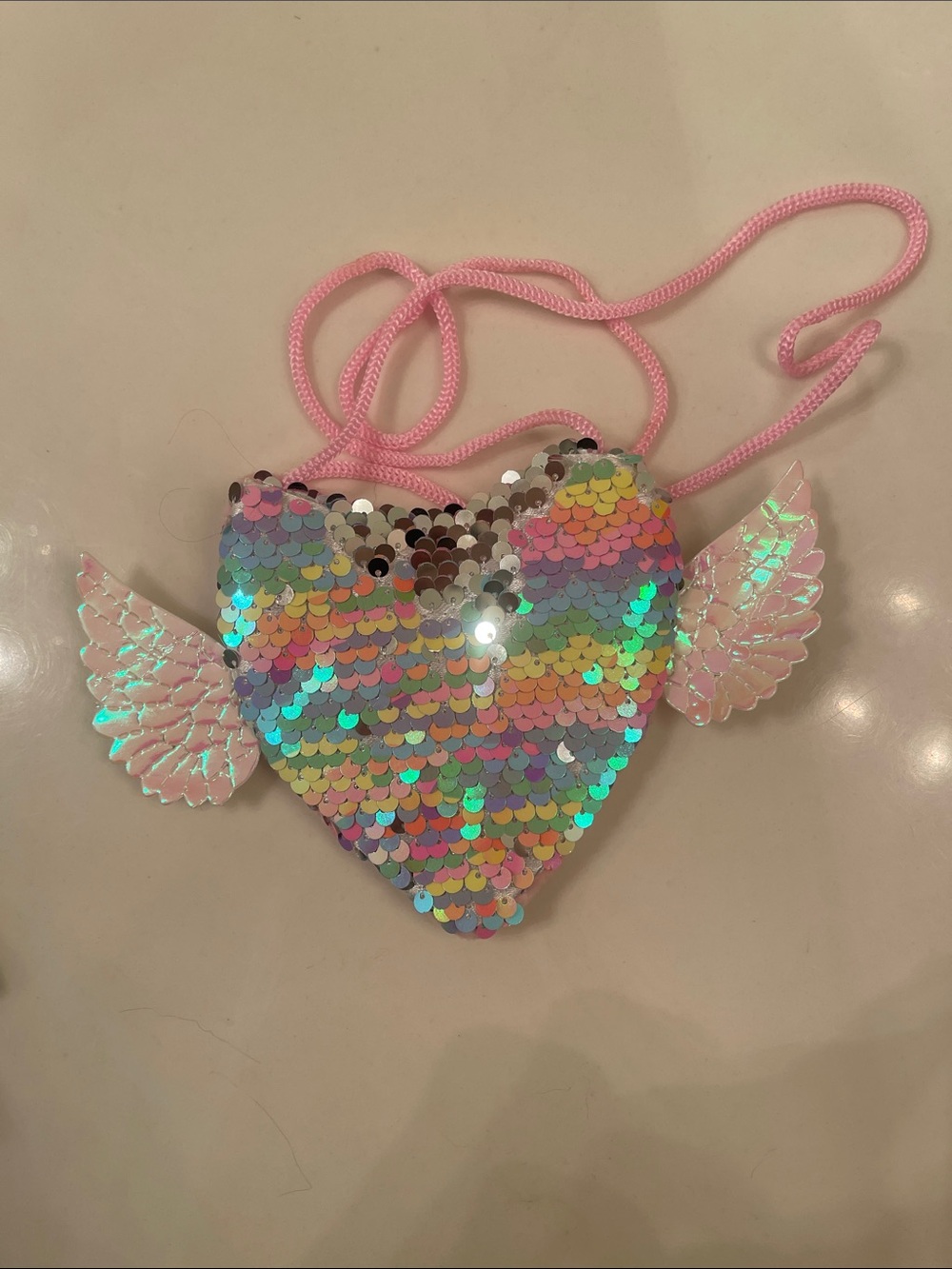 Kids Sequin Heart Crossbody Bag with Wings - Pink